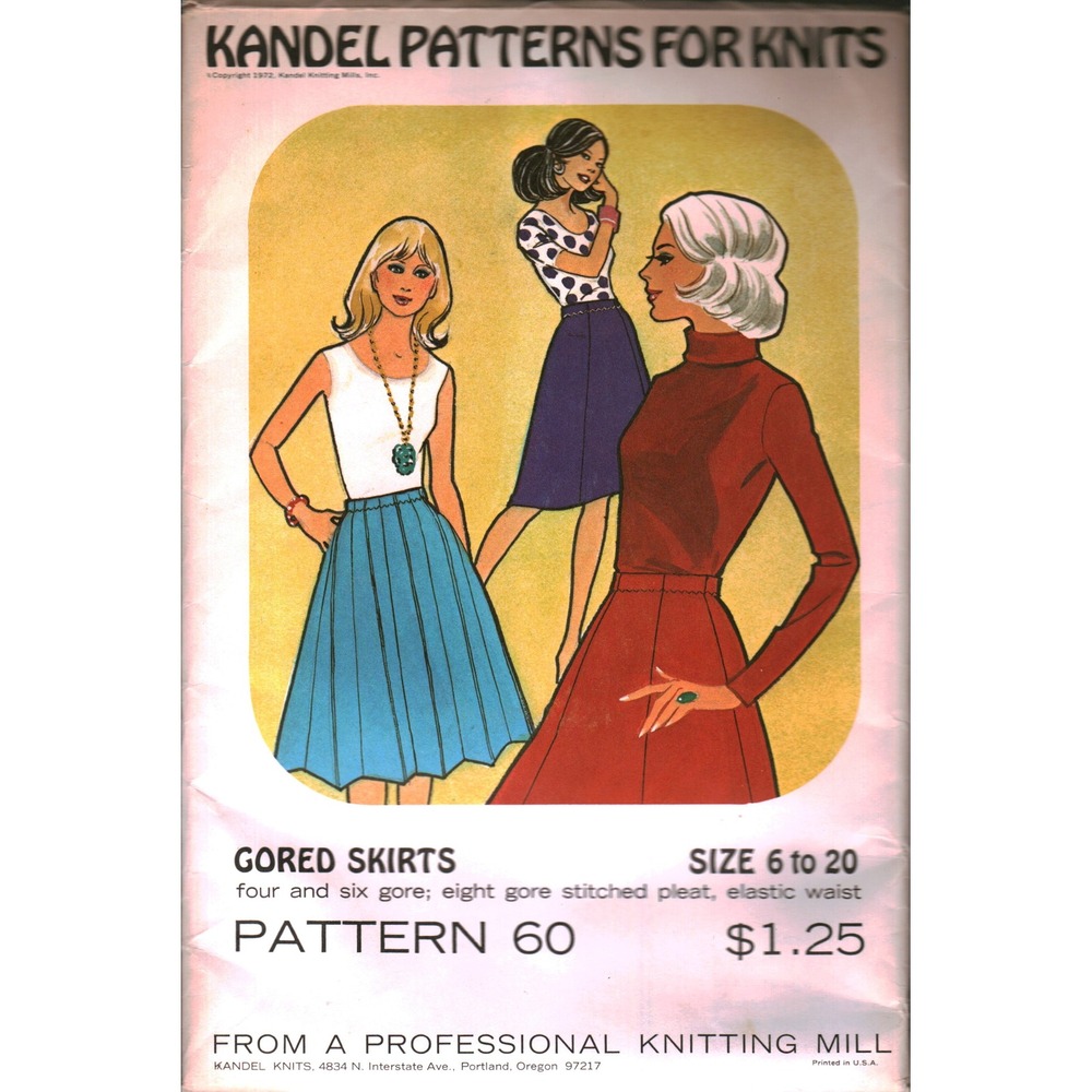 Vintage 1972 Kandel Patterns for Knits Pattern 60 Gored Skirts Size 6-20 Retro